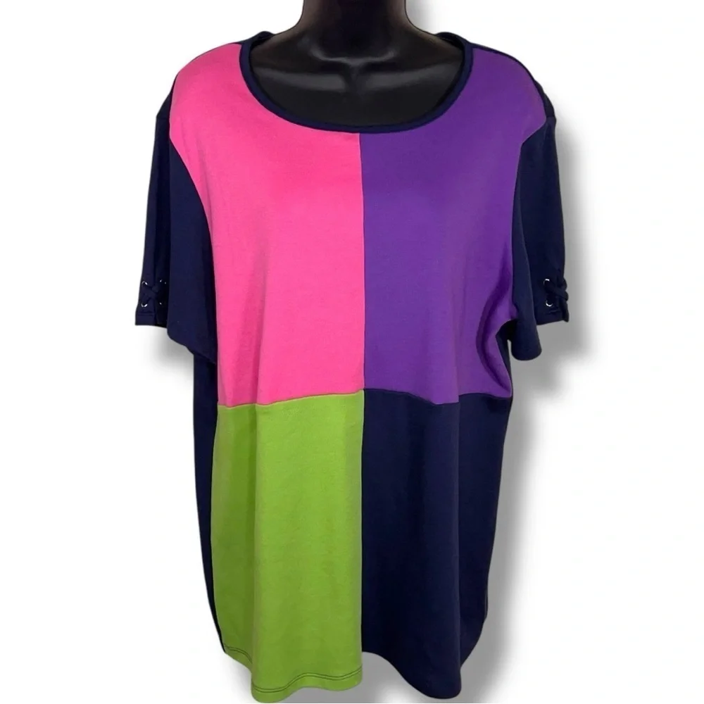 Vintage Large Blair Colorblock Patchwork Tee Short Sleeve Blue Pink Purple